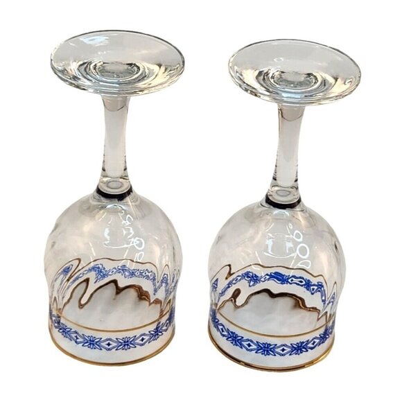 Steamed Wine Glasses Blue Floral Diamond & Gold Rim Design, Swirl Glass - Picture 7 of 10